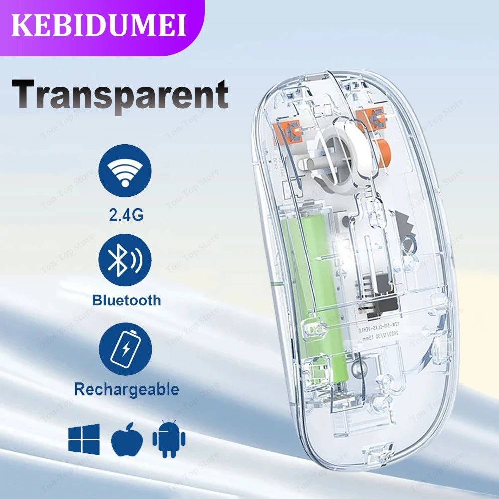 Compro™ Wireless Mouse Bluetooth 5.2 2.4G Mouse Rechargeable Transparent Silent Mouse