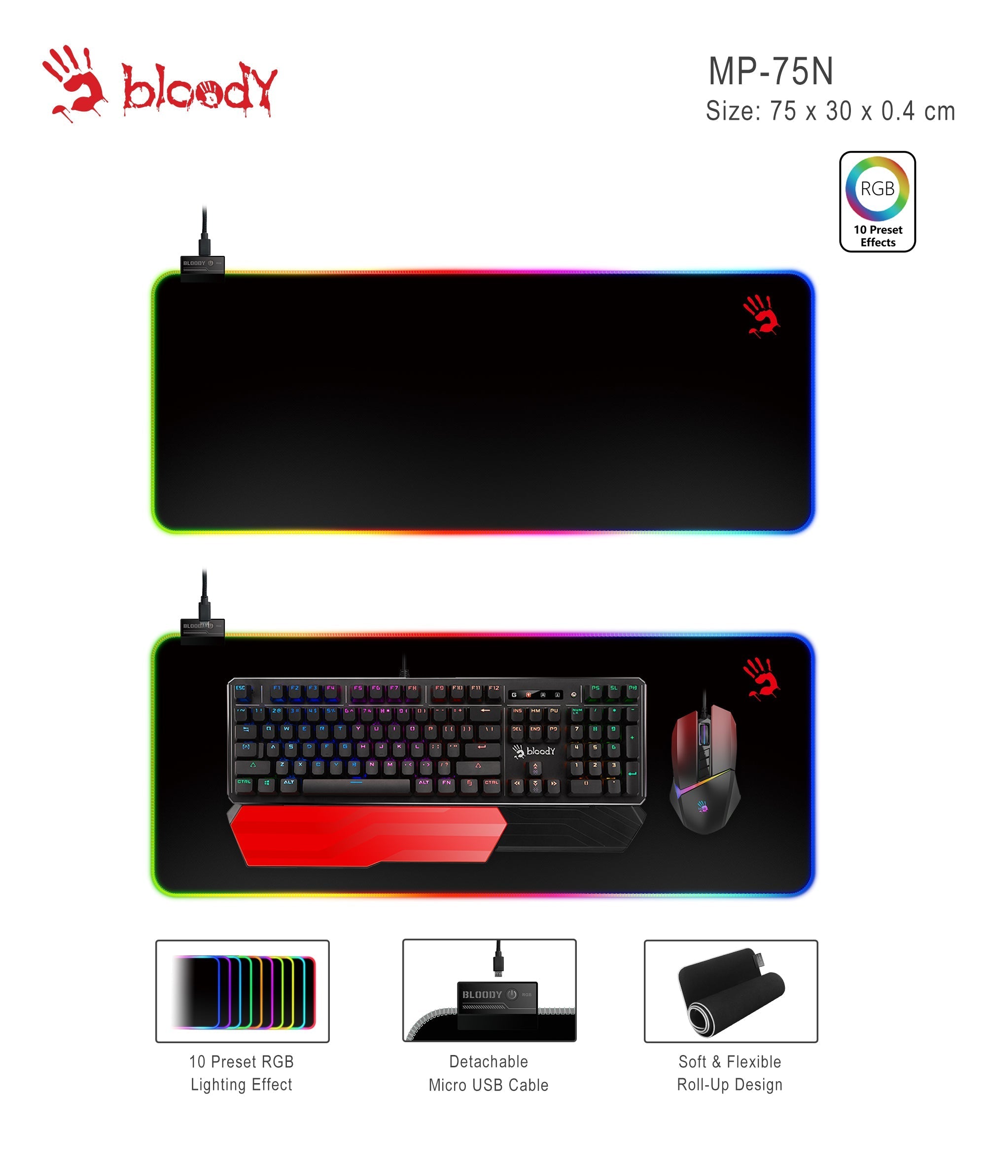 MP-75N Extended Roll-Up Fabric RGB Gaming Mouse Pad