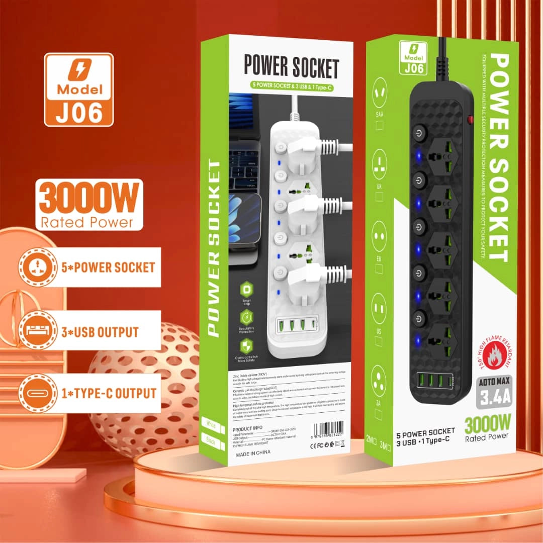 Compro™ 3000W Power Extension 5 socket+ 3 USB+ 1 Type-C Port with Individual Switches