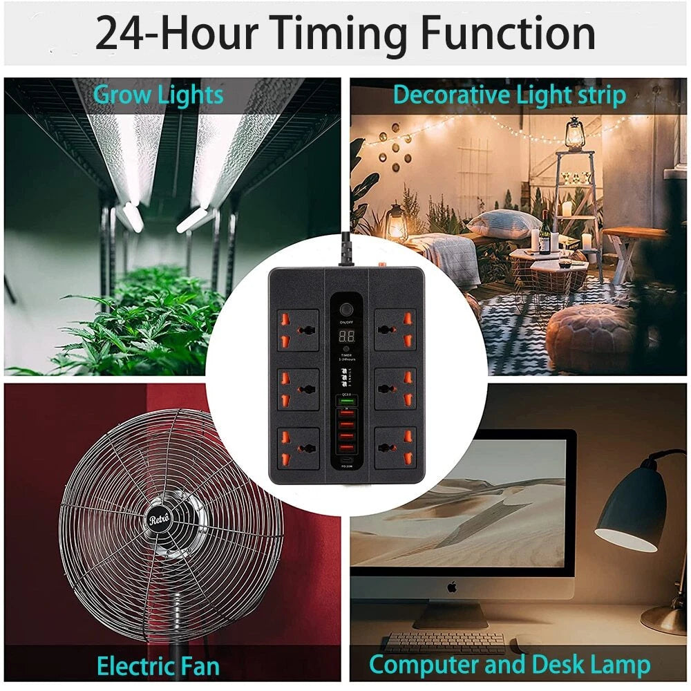 Compro™ Ultra High Speed 3000W Socket with TIMER Switch 6 AC Universal Outlet Socket + 5 USB Port + 1 Type-C
