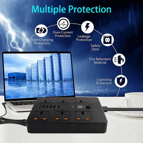 Compro™ Ultra High Speed 3000W Socket with TIMER Switch 6 AC Universal Outlet Socket + 5 USB Port + 1 Type-C