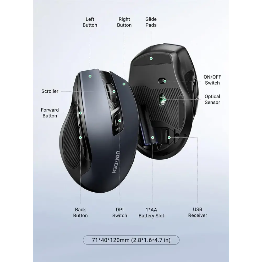 UGREEN 90855 ERGONOMIC WIRELESS 2.4G And BLUETOOTH MOUSE