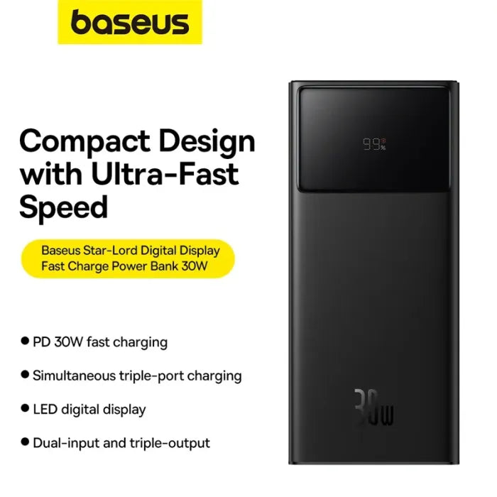 Baseus Star-Lord Digital Display Fast Charging Power Bank 30000mAh 30W (With Simple Series Charging Cable USB to Type-C 3A 0.3m Black）