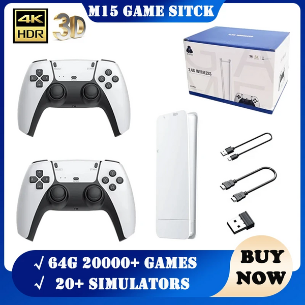 Compro™ M15 Game Stick 4K Console 64GB with Dual 2.4G Wireless Controllers – 20000 Games