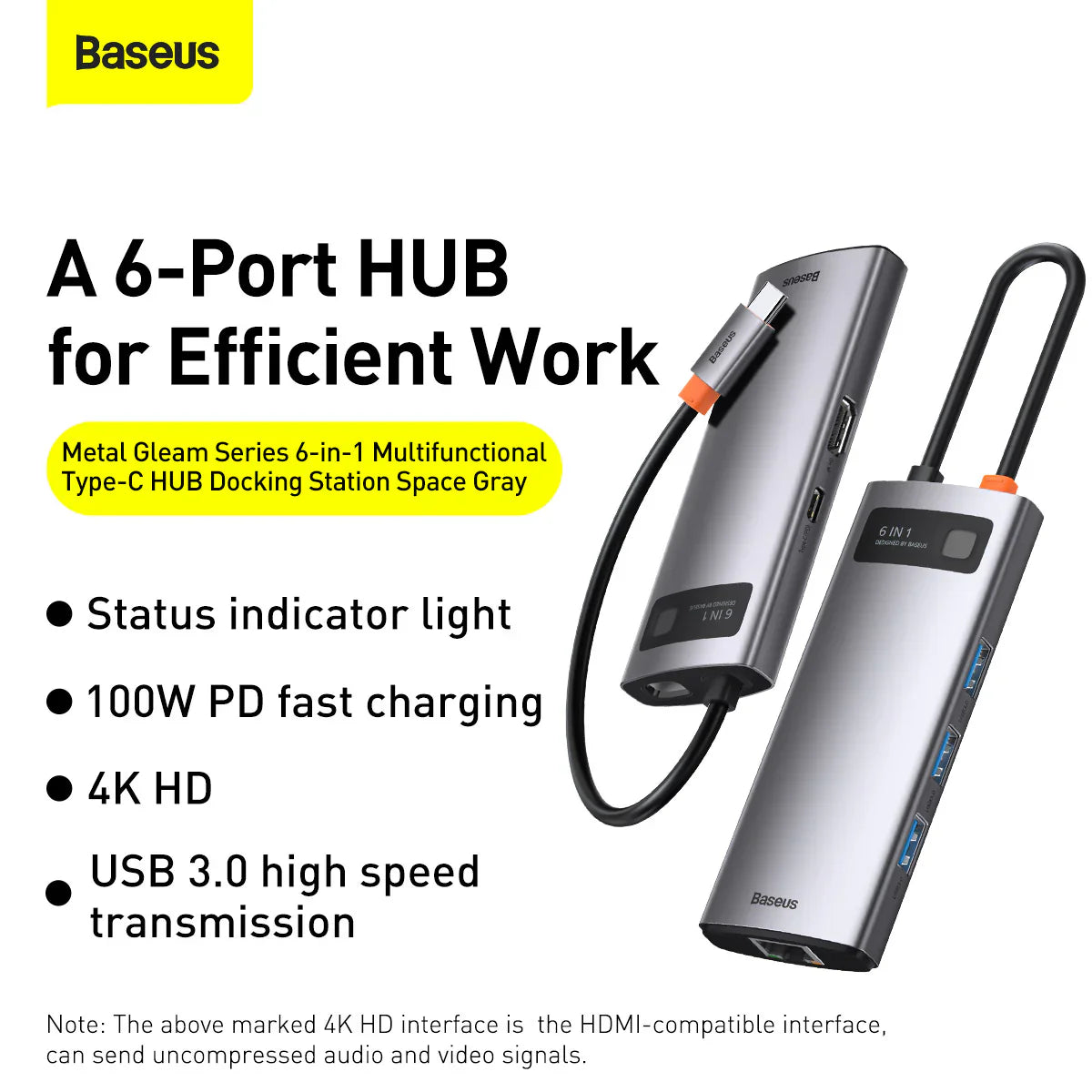 Baseus Metal Gleam Series 6-in-1 Multifunctional Type-C HUB Docking Station（Type-C to HDMI*1+USB3.0*3+PD*1+VGA*1）