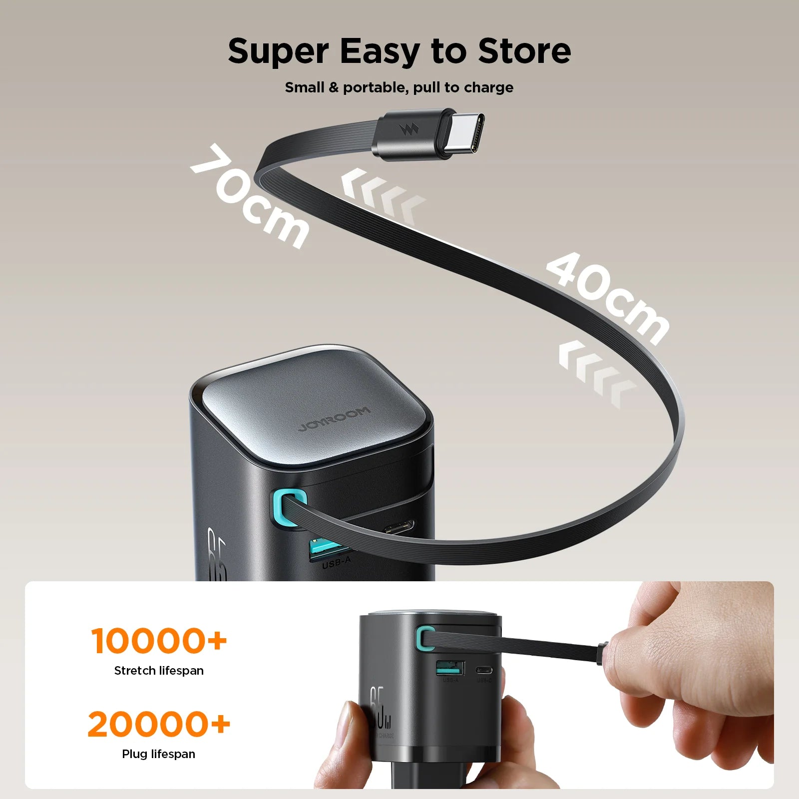 Joyroom JR-TCL02 GaN 65W Charger with Retractable Cable(EU)-Black