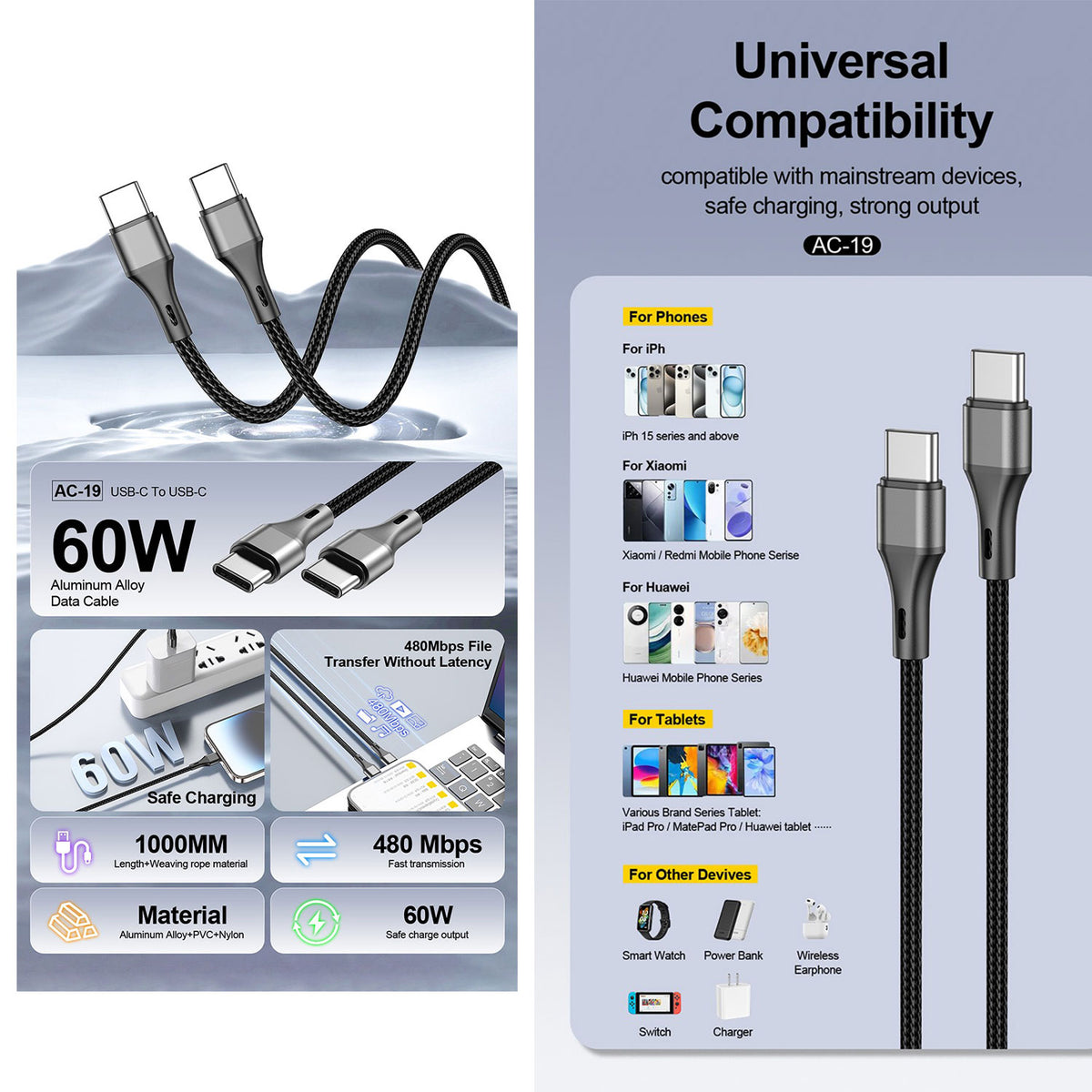 Aspor 60w Type-c To Type-c Fast Charging Data Cable 1m