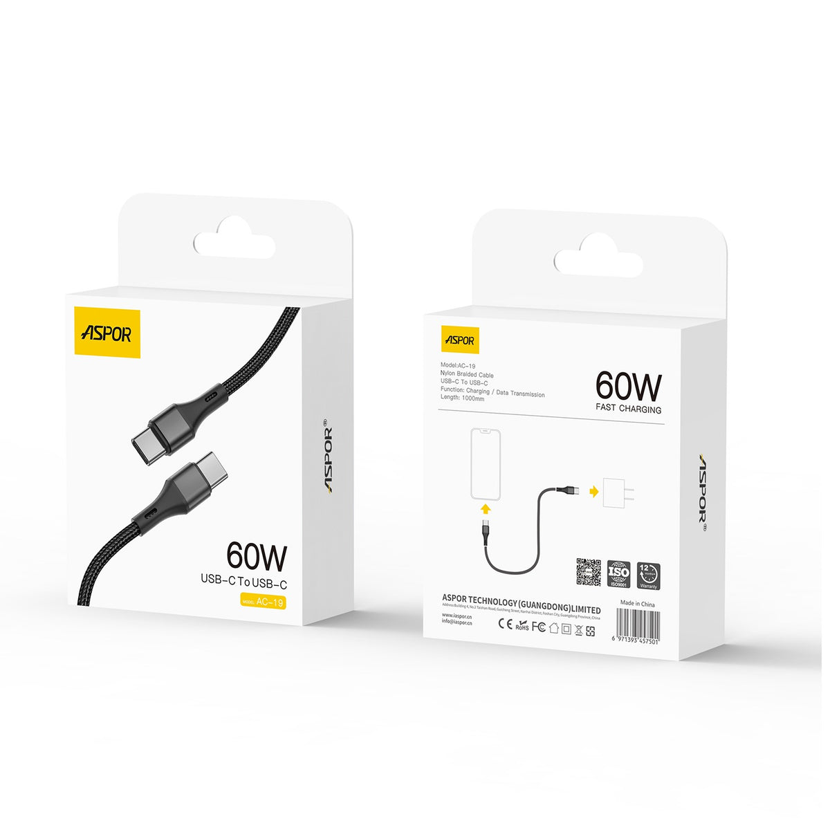 Aspor 60w Type-c To Type-c Fast Charging Data Cable 1m