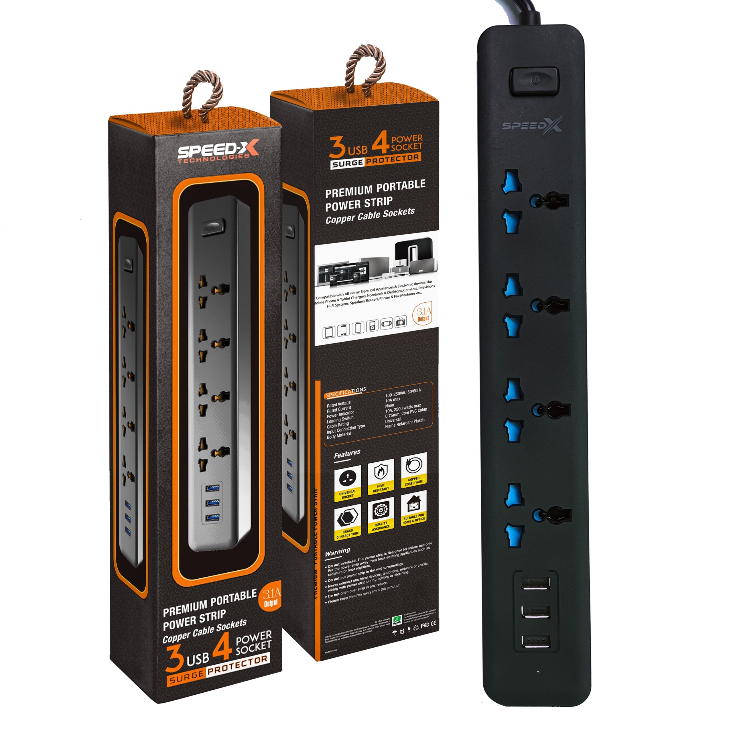 Speed-X Multi Power Plug Extension Board with 4 Sockets+ 3 USB Ports