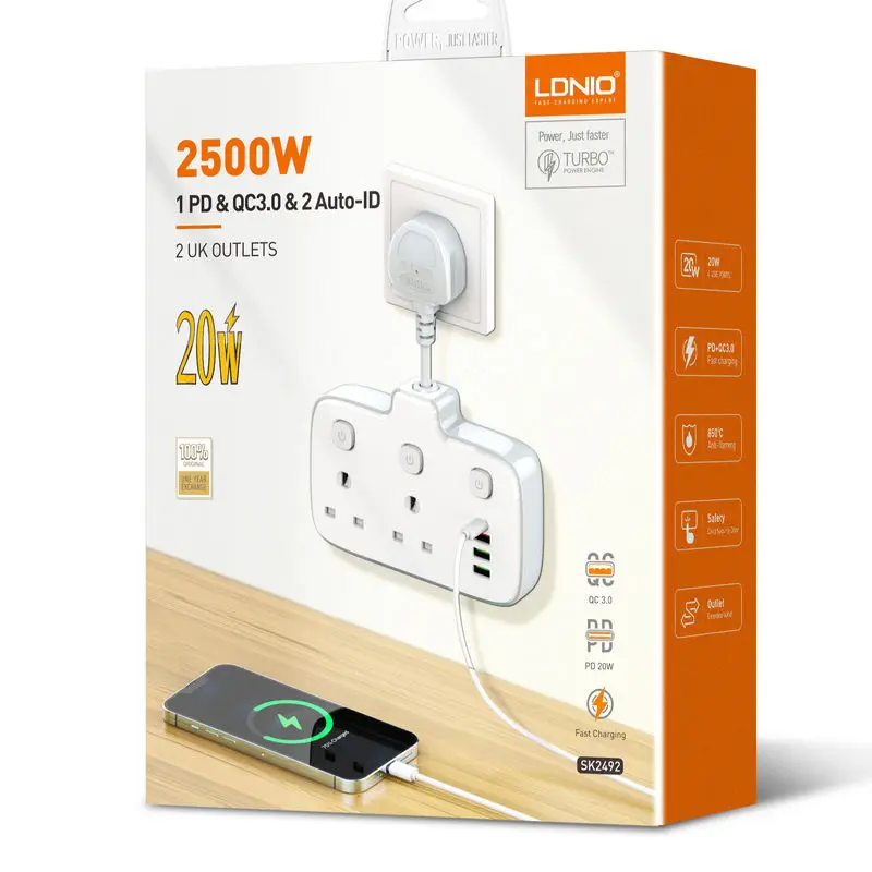 Ldnio 2 AC Outlets Portable Electrical Extension Socket