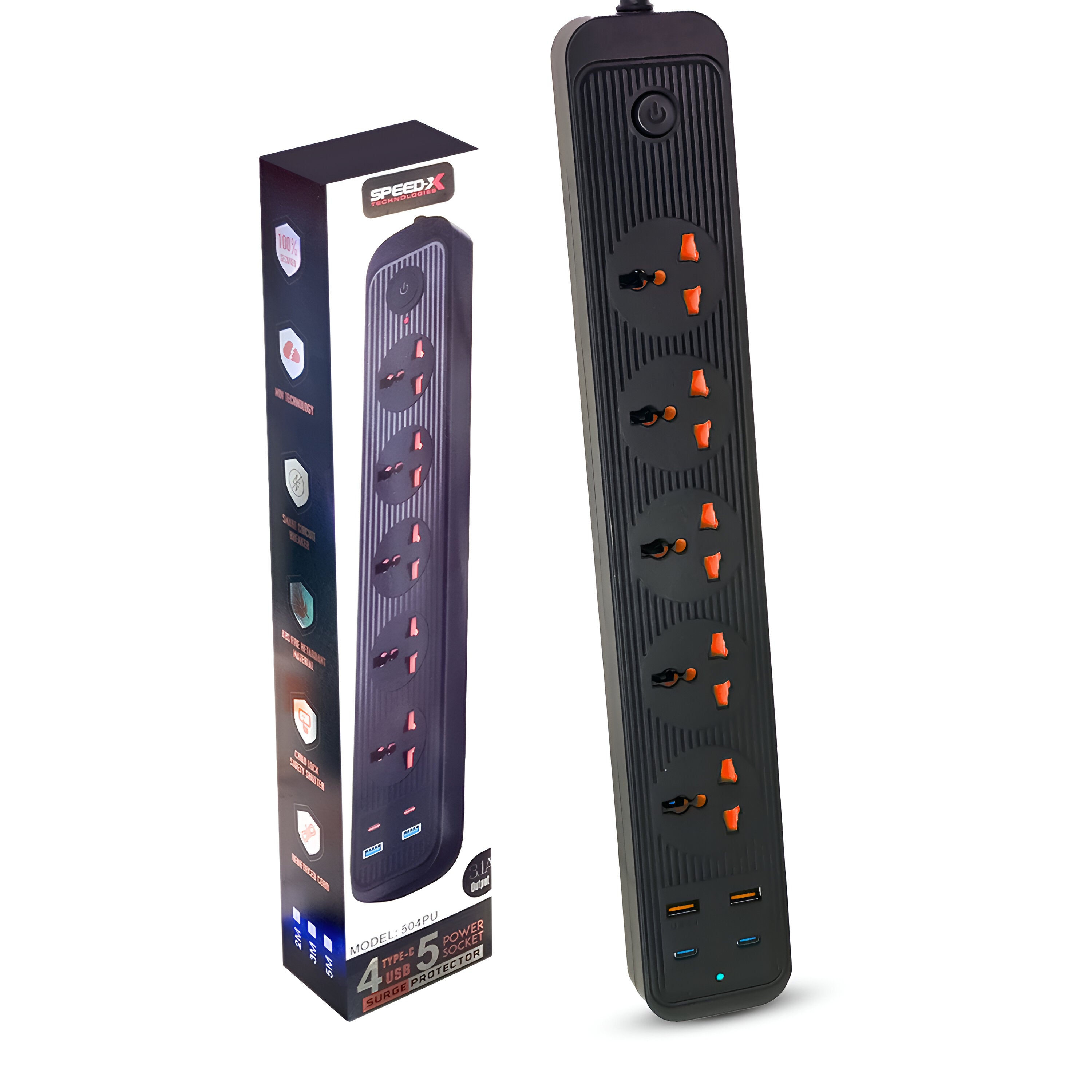 Speed-X Multi Power Plug Extension Board with 5 Sockets+ 2 USB Ports + 2 Type-C Port