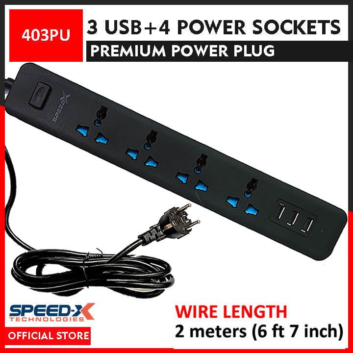 Speed-X Multi Power Plug Extension Board with 4 Sockets+ 3 USB Ports