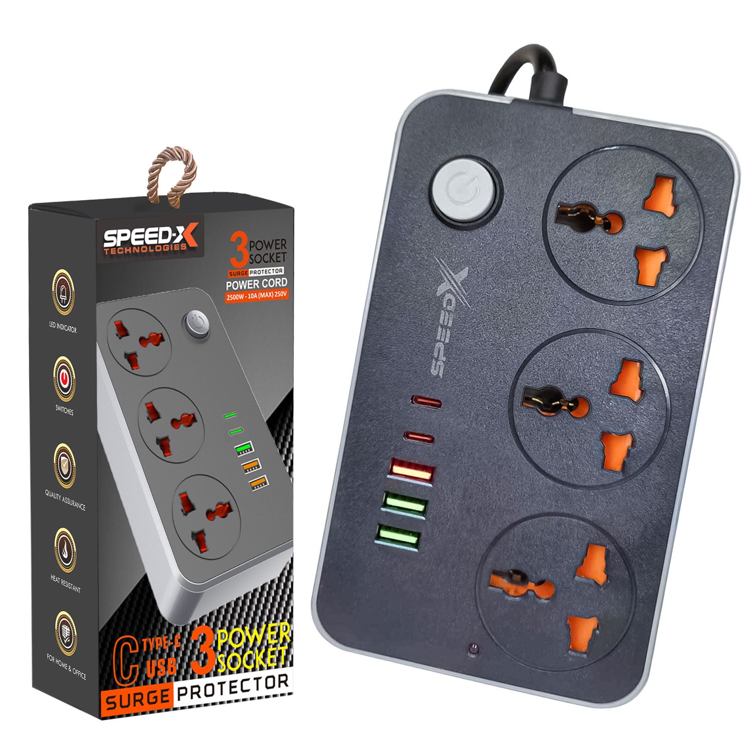 Speed-X Power Universal Travel Extension  3 socket+3 USB+ 2 Type C