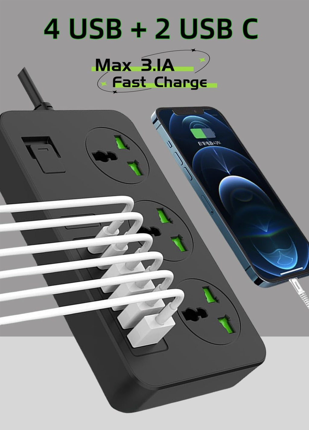 Smart Compatible Usb Socket Compro™ Multifunctional Smart Socket, 3 Outlets with 4 USB 2 TYPE-C Po