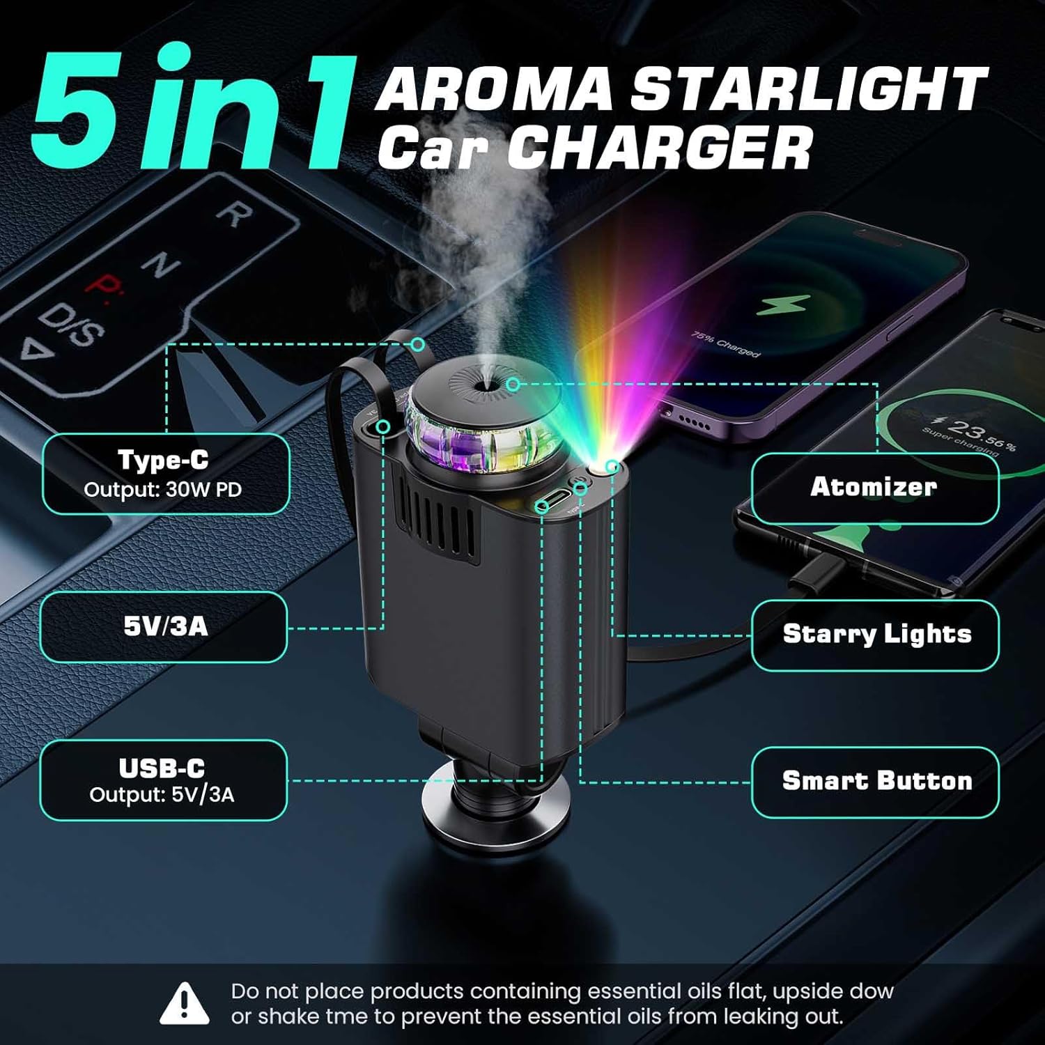 Compro™ 5-In-1 Aromatherapy Car Charger with Roof Starlight