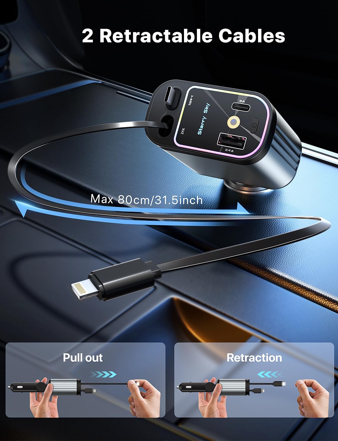 Compro™ 4-In-1 Retractable Car Charger with Star Projection Night Light