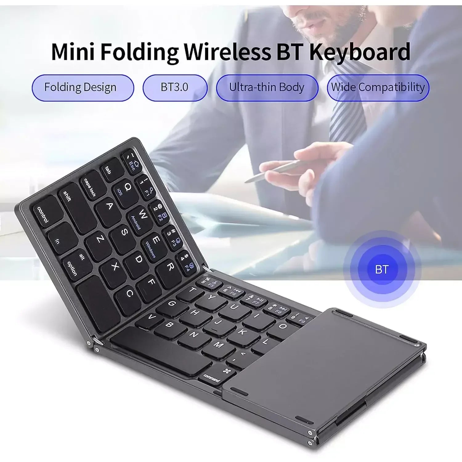 Compro™ Foldable Bluetooth Keyboard with Touchpad + FREE Mobile Holder