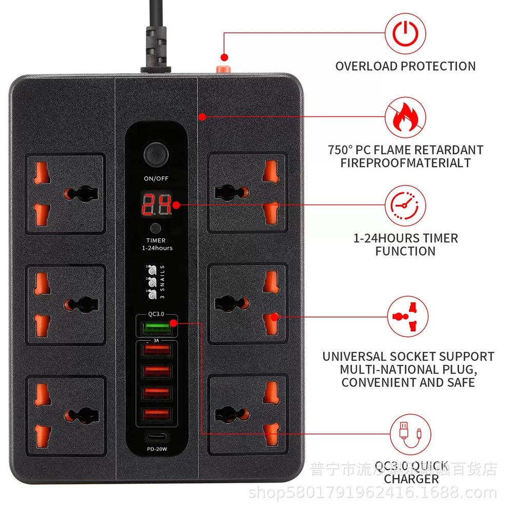 High Speed Socket Compro™ Ultra High Speed 3000W Socket with TIMER Switch 6 AC Universal