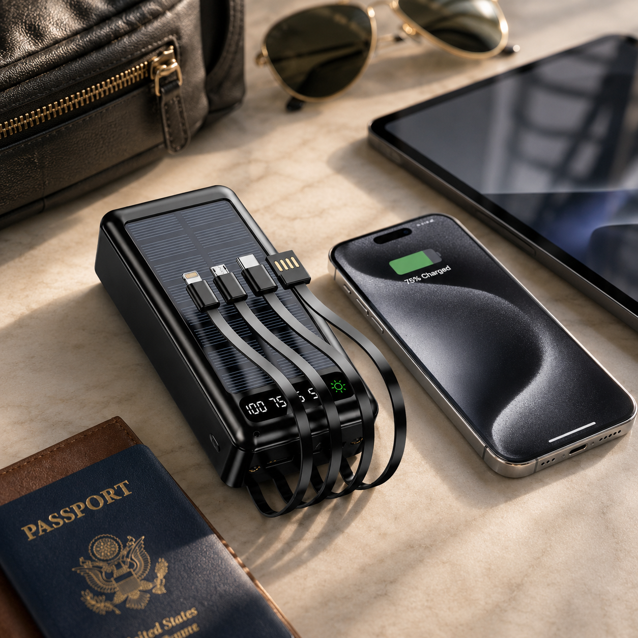 JNUOBI 20000mAh 4-in-1 Fast charging Solar Power Bank with Built-in Cables