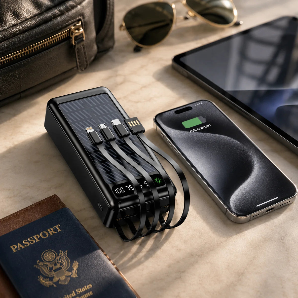 JNUOBI 4-in-1 Fast charging Solar Power Bank with Built-in Cables