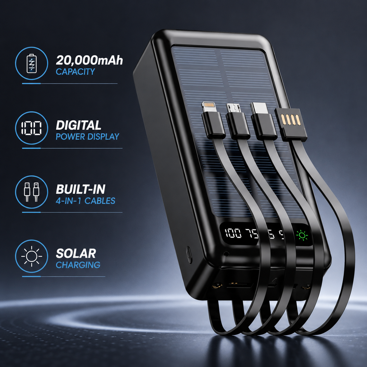 JNUOBI 20000mAh 4-in-1 Fast charging Solar Power Bank with Built-in Cables