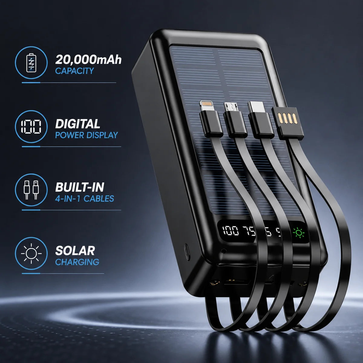 JNUOBI 4-in-1 Fast charging Solar Power Bank with Built-in Cables