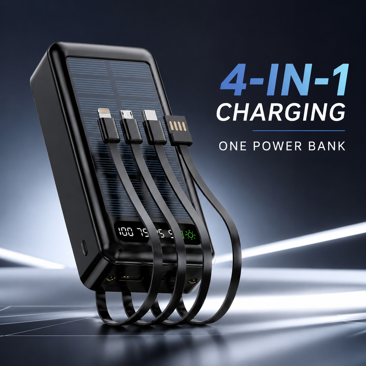 JNUOBI 20000mAh 4-in-1 Fast charging Solar Power Bank with Built-in Cables