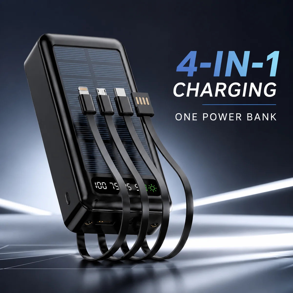 JNUOBI 4-in-1 Fast charging Solar Power Bank with Built-in Cables