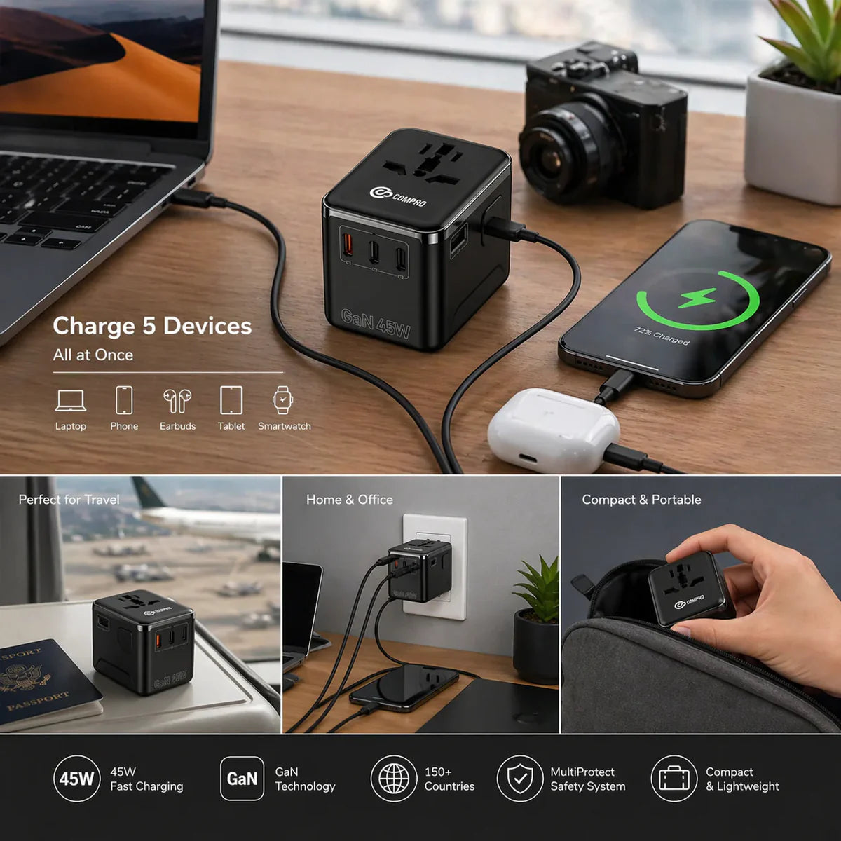 Compro™ PilotPro Fast Charging GAN World Travel Adapter