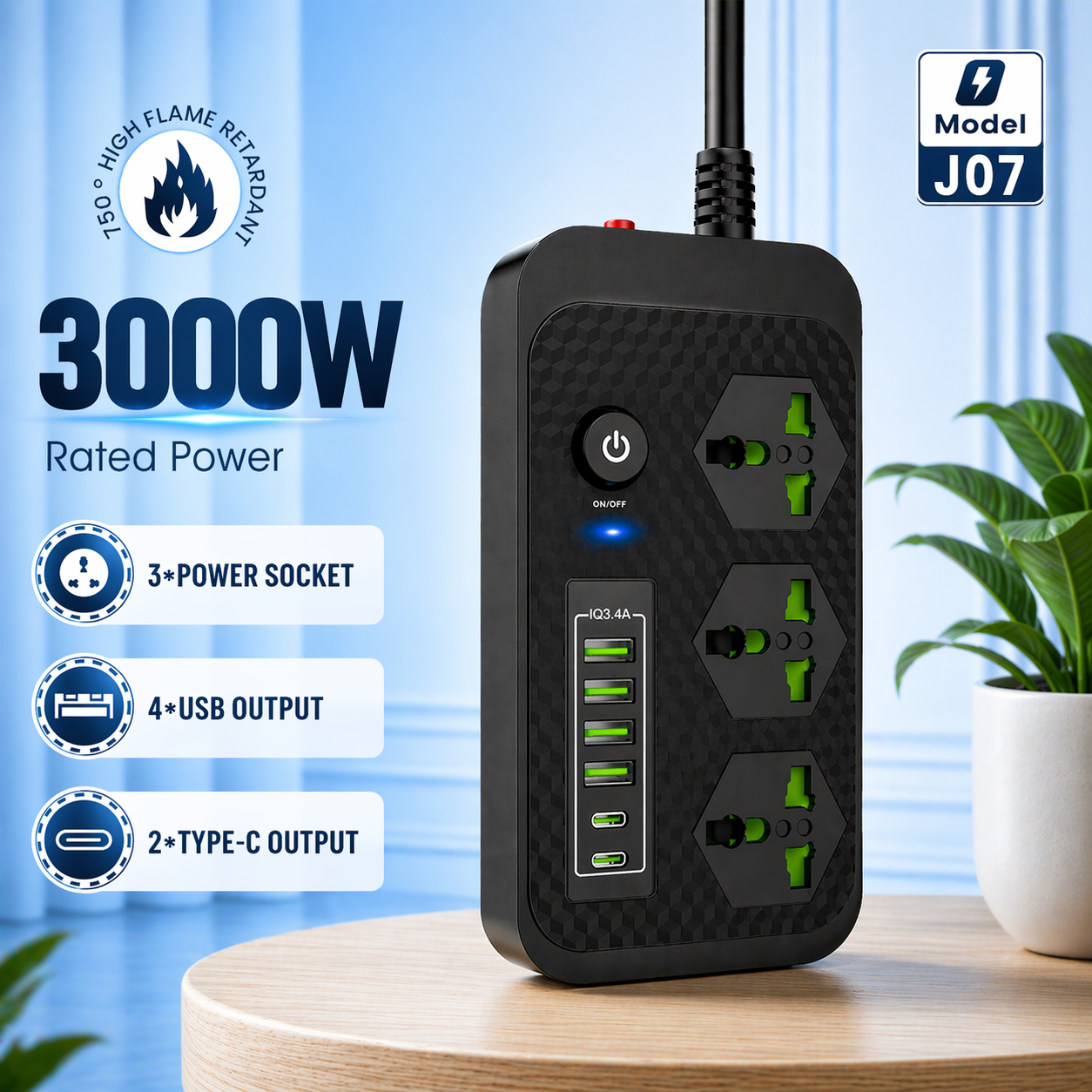 Compro™ 3000W Power Extension 3 Universal socket+ 4 USB+ 2 Type-C Port