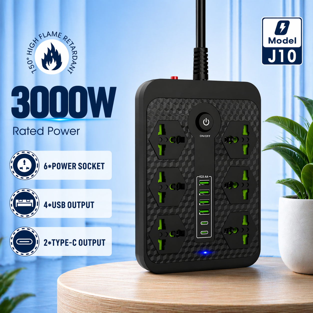 Compro™  3000W Power Extension 6 Universal socket+ 4 USB+ 2 Type-C Port