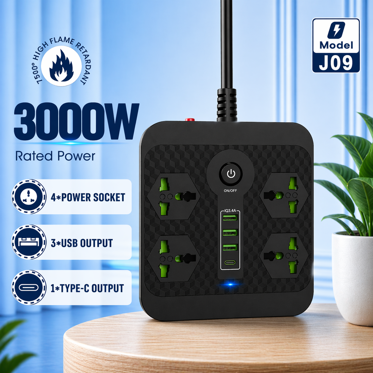 Compro™ 3000W Power Extension 4 Universal socket+ 3 USB+ 1 Type-C Port
