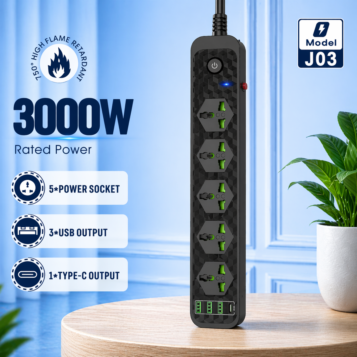 Compro™ 3000W Power Extension 5 socket+ 3 USB+ 1 Type C Port
