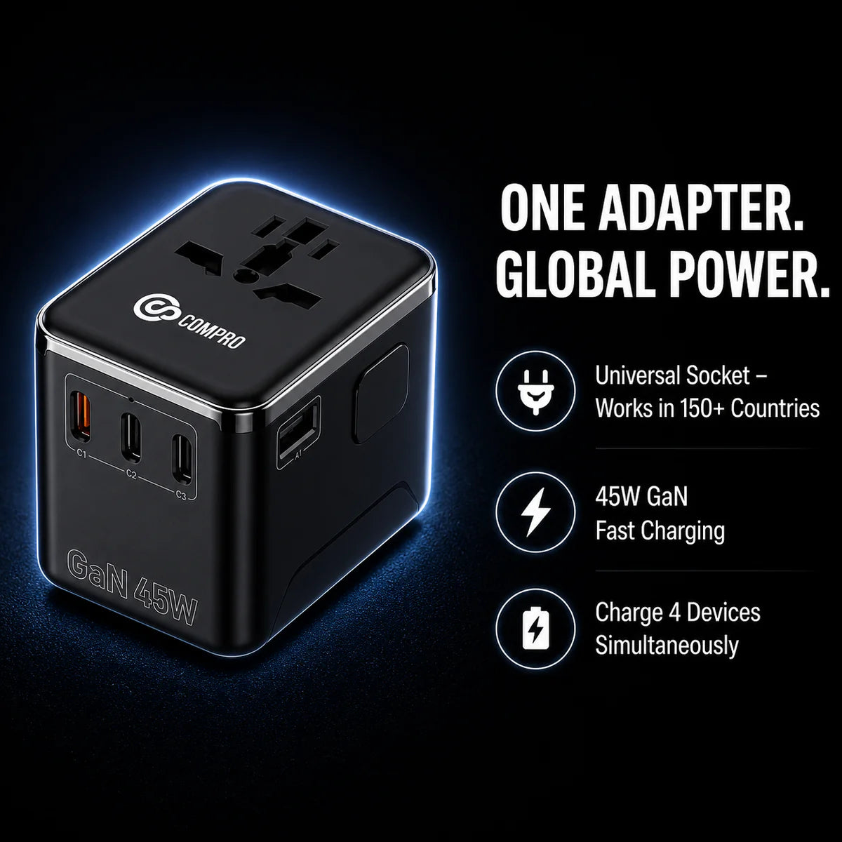 Compro™ PilotPro Fast Charging GAN World Travel Adapter