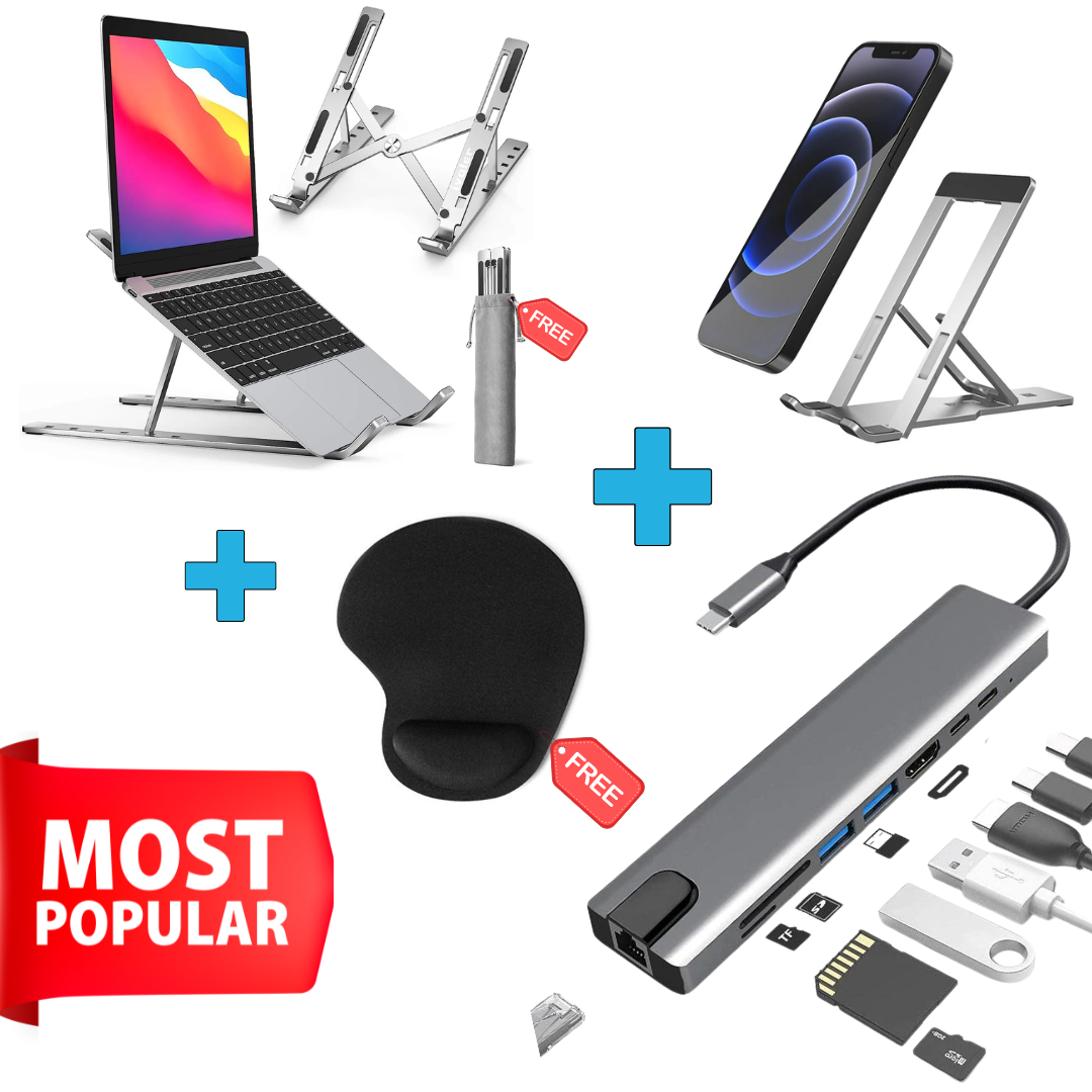 Compro™ Ultimate Workstation Combo | Laptop Stand + Mobile Stand + Type-C Hub + Rest Gel Pad