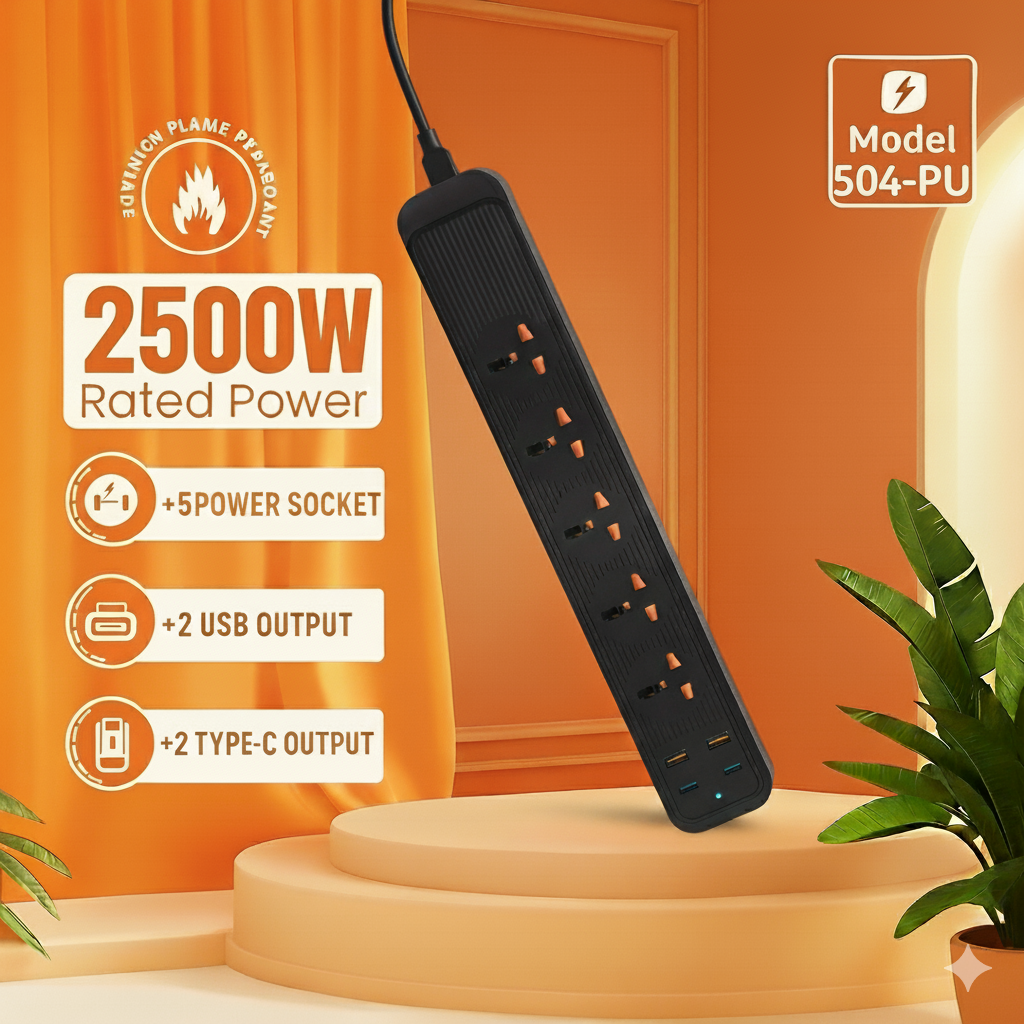 Compro™ 2500W Power Extension 5 socket+ 2 USB+ 2 Type C Port