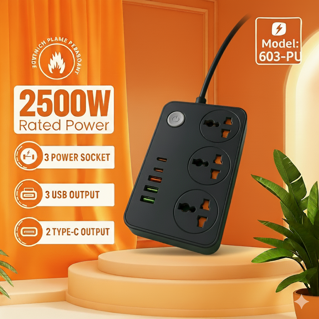 Compro™ 2500W Power Extension 3 socket+ 3 USB+ 2 Type C Port