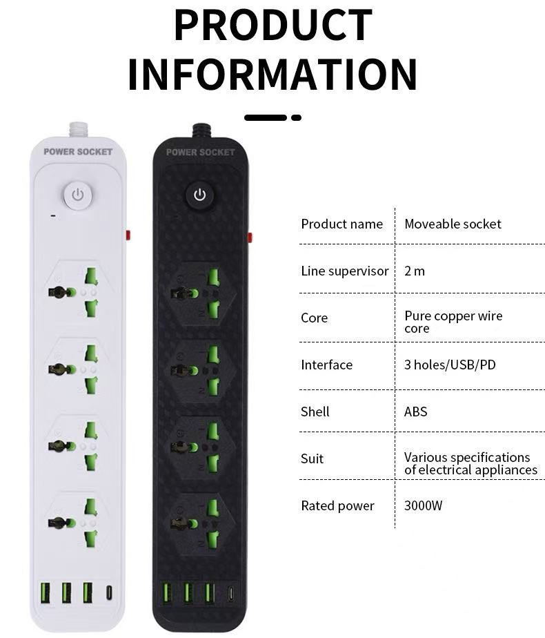 Compro™ 3000W Power Extension 4 socket+ 3 USB+ 1 Type C Port