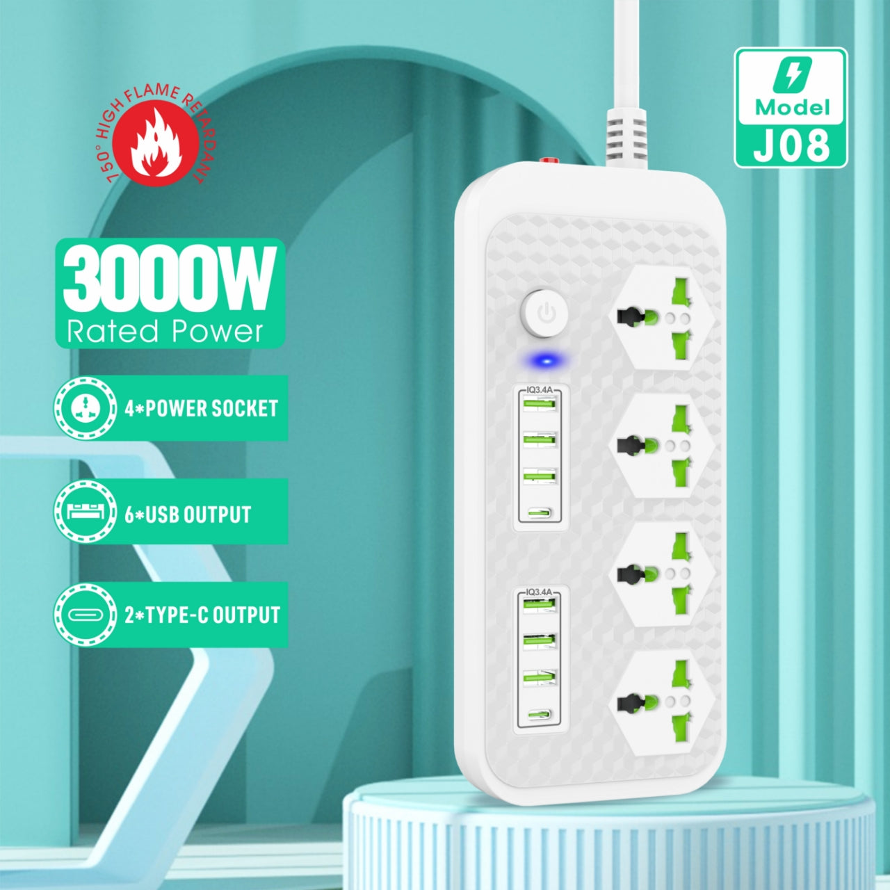 Compro™ 3000W Power Extension 4 socket+ 6 USB+ 2 Type C Port