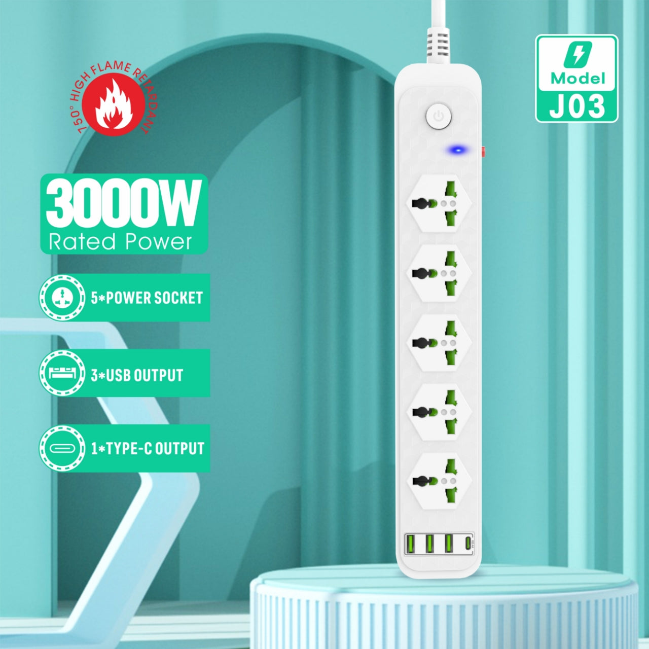 Compro™ 3000W Power Extension 5 socket+ 3 USB+ 1 Type C Port