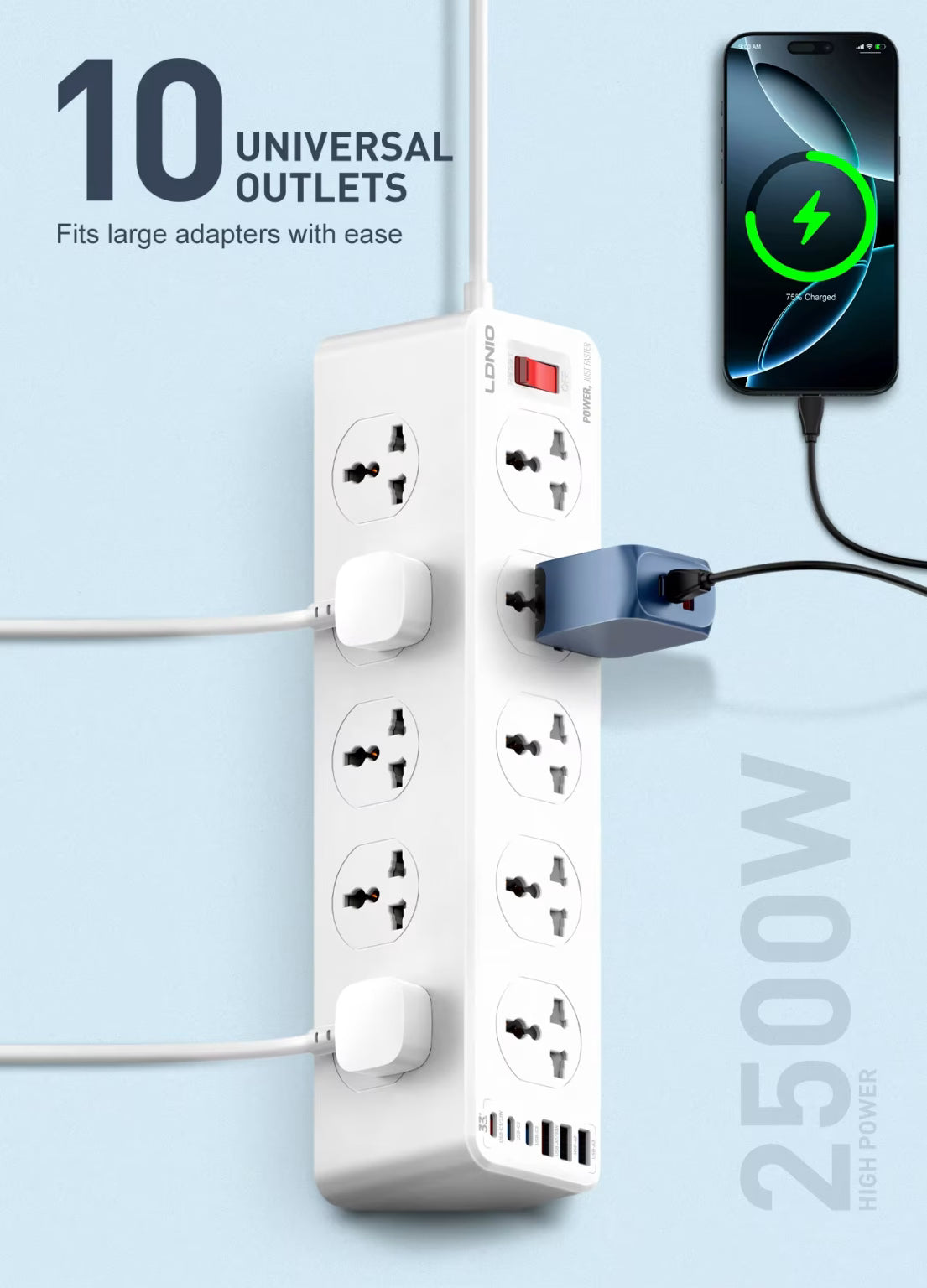 LDNIO SC10610C 10 AC Outlets Power Strip (3USB-C & 3USB-A) (New Edition)