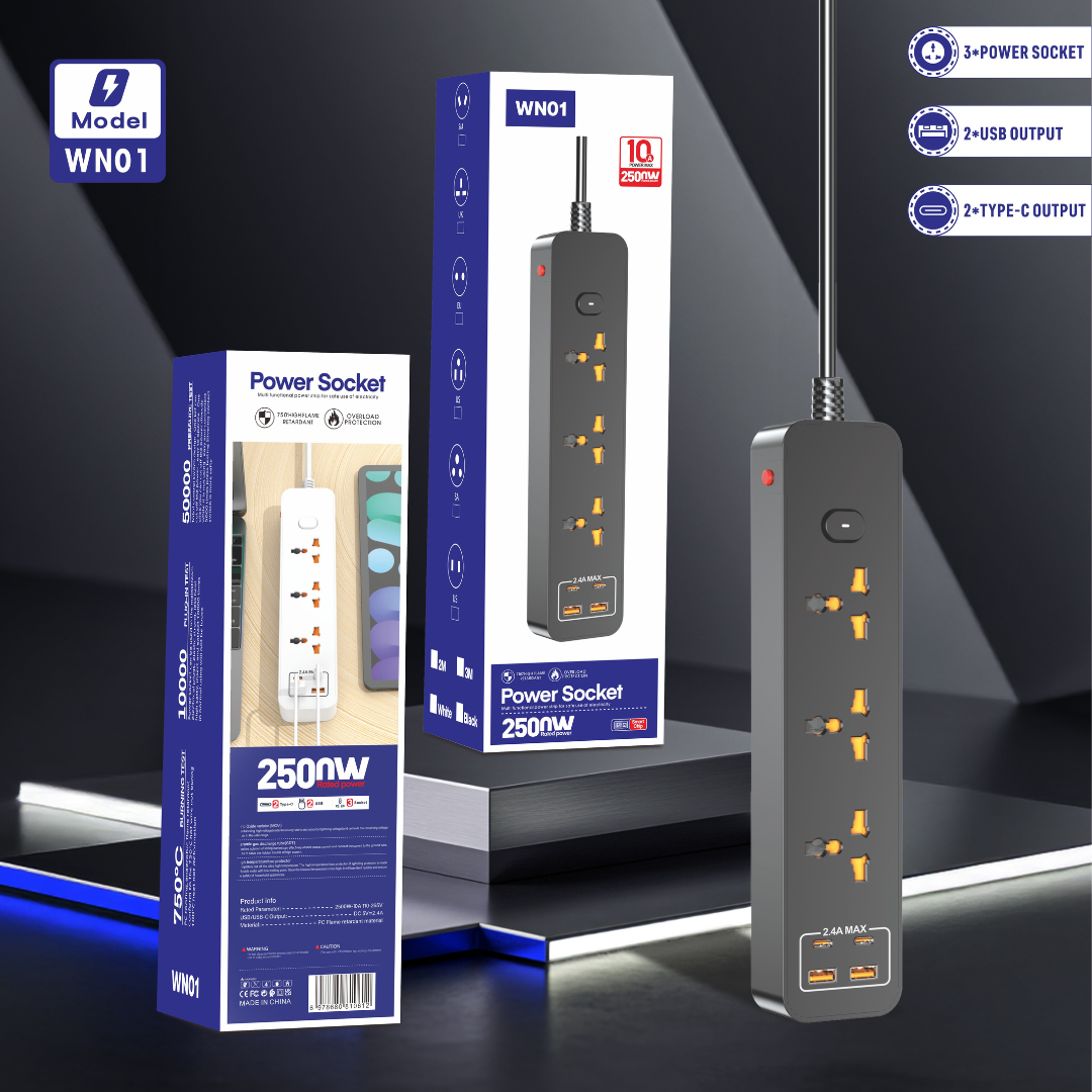Compro™ 2500W Power Extension Socket – 3 Universal Outlets + 2 USB Ports + 2 Type-C
