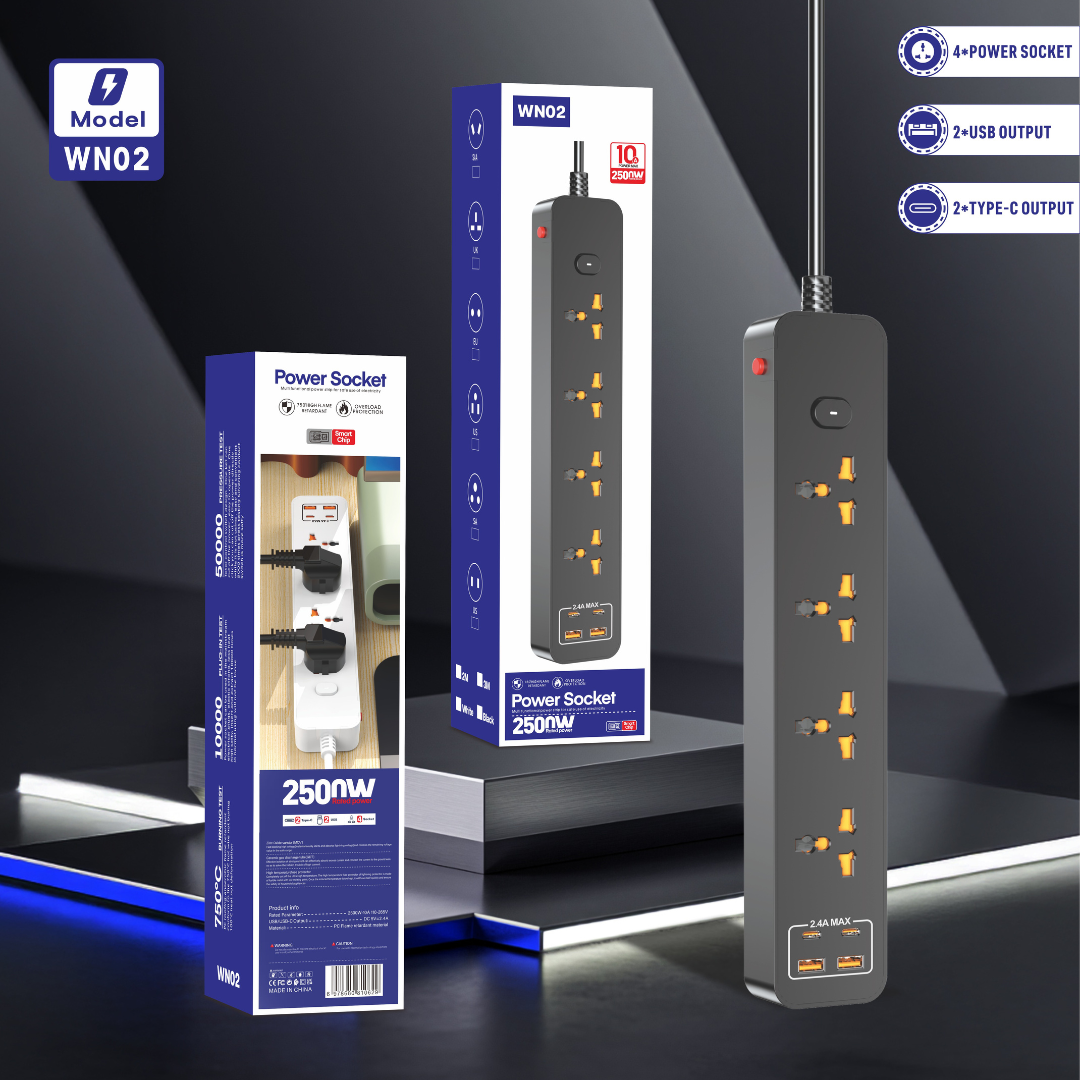 Compro™ 2500W Power Extension Socket – 4 Universal Outlets + 2 USB Ports + 2 Type-C Ports