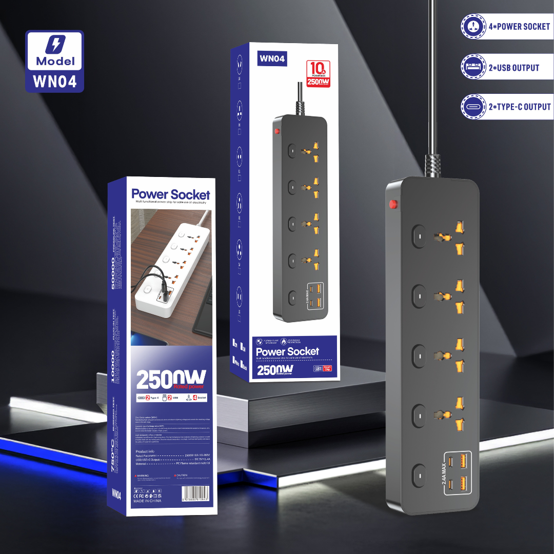 Compro™ 2500W Power Extension Socket – 4 Universal Outlets + 2 USB Ports + 2 Type-C Port- With Individual Switches