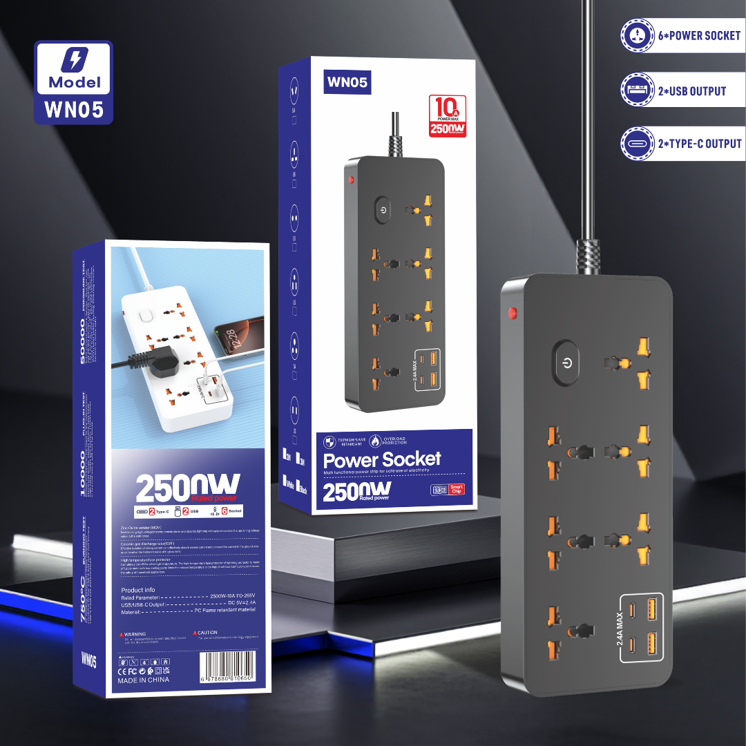 Compro™ 2500W Power Extension Socket – 6 Universal Outlets + 2 USB Ports + 2 Type-C