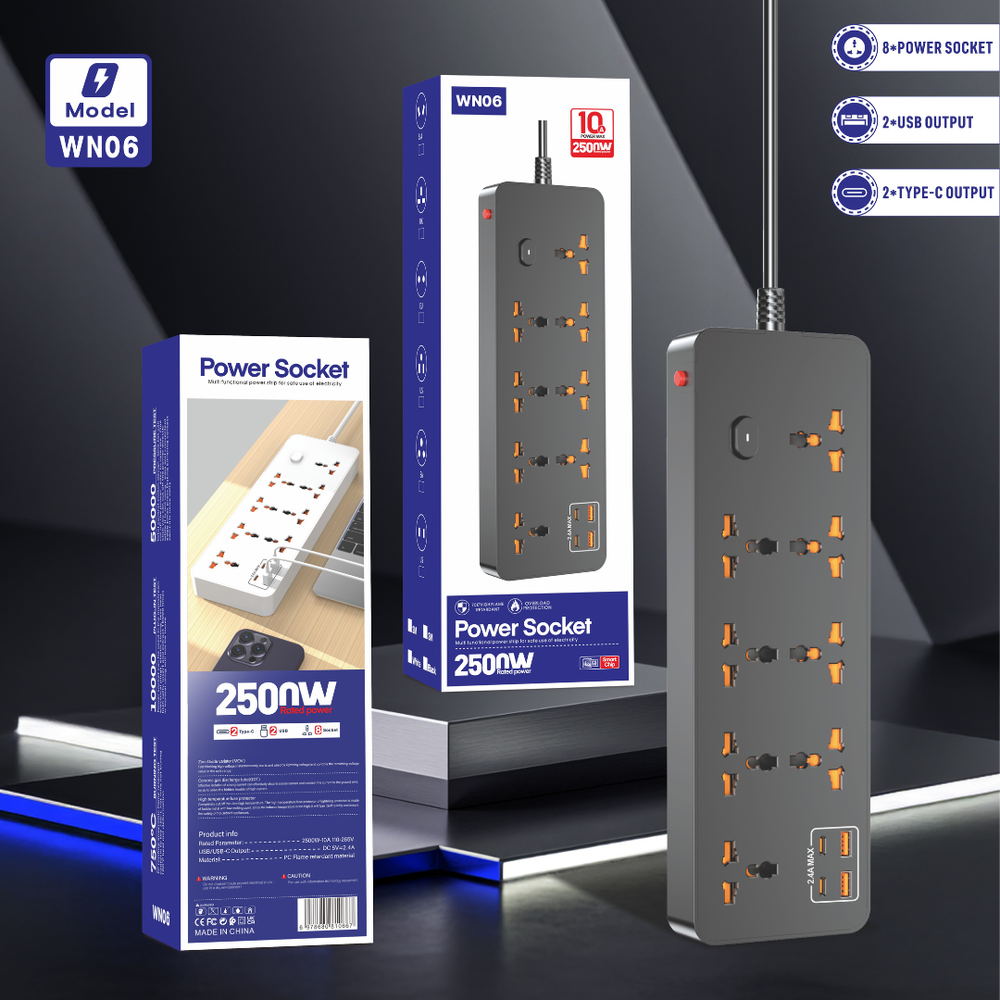 Compro™ 2500W Power Extension Socket – 8 Universal Outlets + 2 USB Por