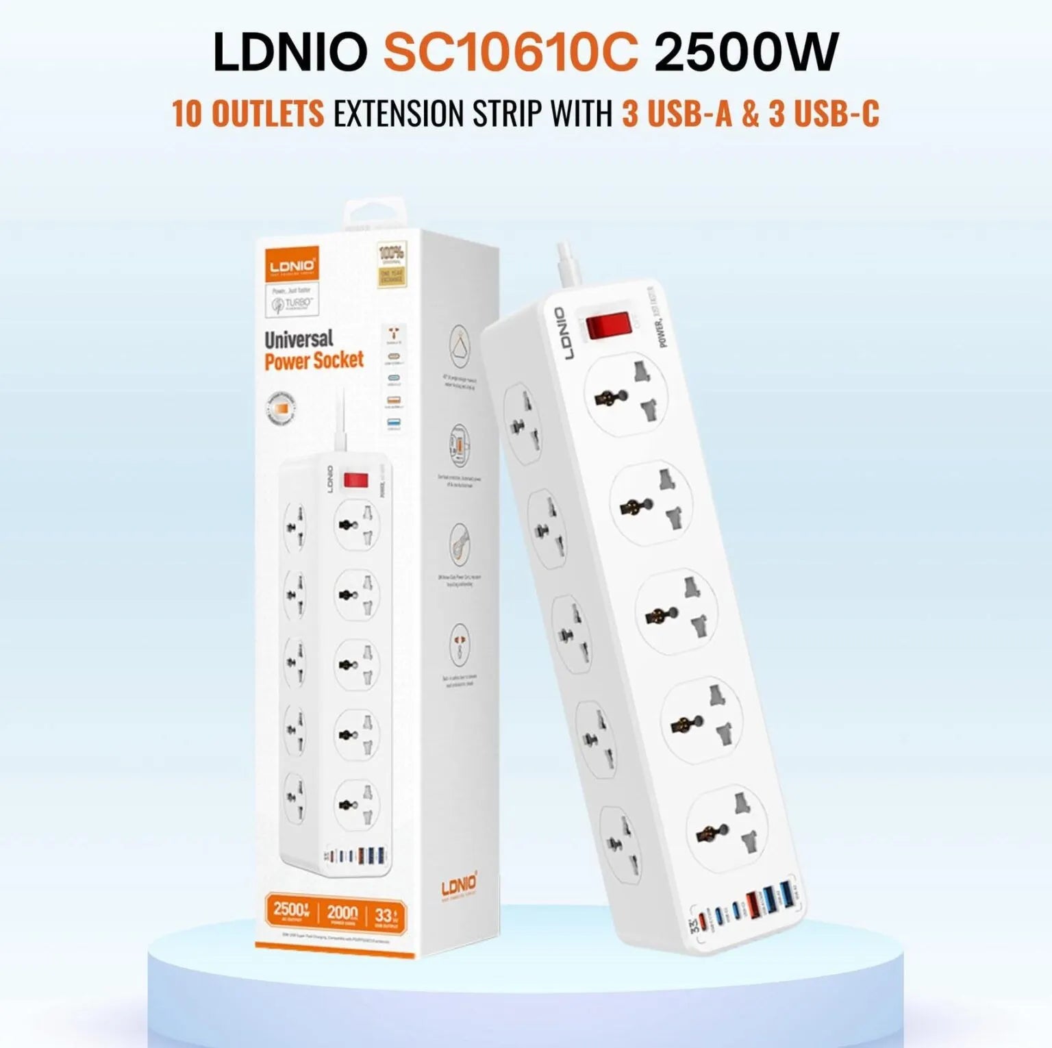 LDNIO SC10610C 10 AC Outlets Power Strip (3USB-C & 3USB-A) (New Edition)