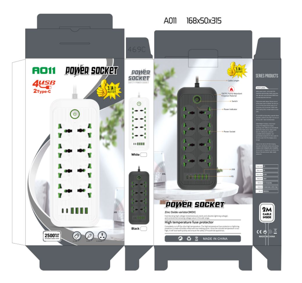 Compro™ 2500W Power Extension 8 socket+ 4 USB+ 2 Type C Port