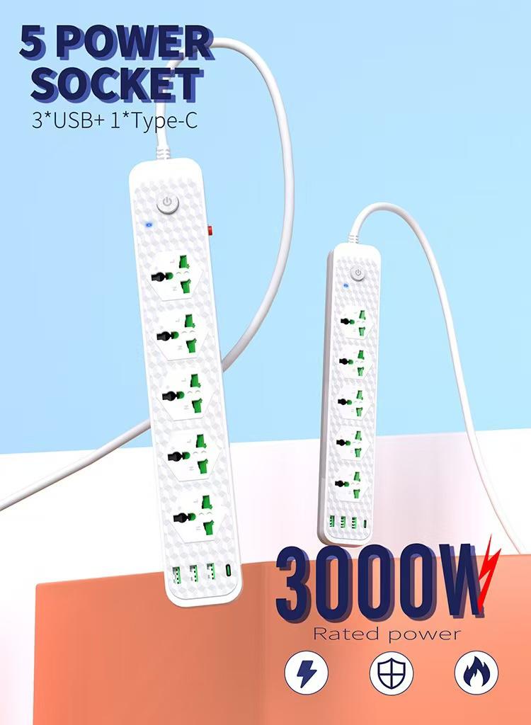 Compro™ 3000W Power Extension 5 socket+ 3 USB+ 1 Type C Port