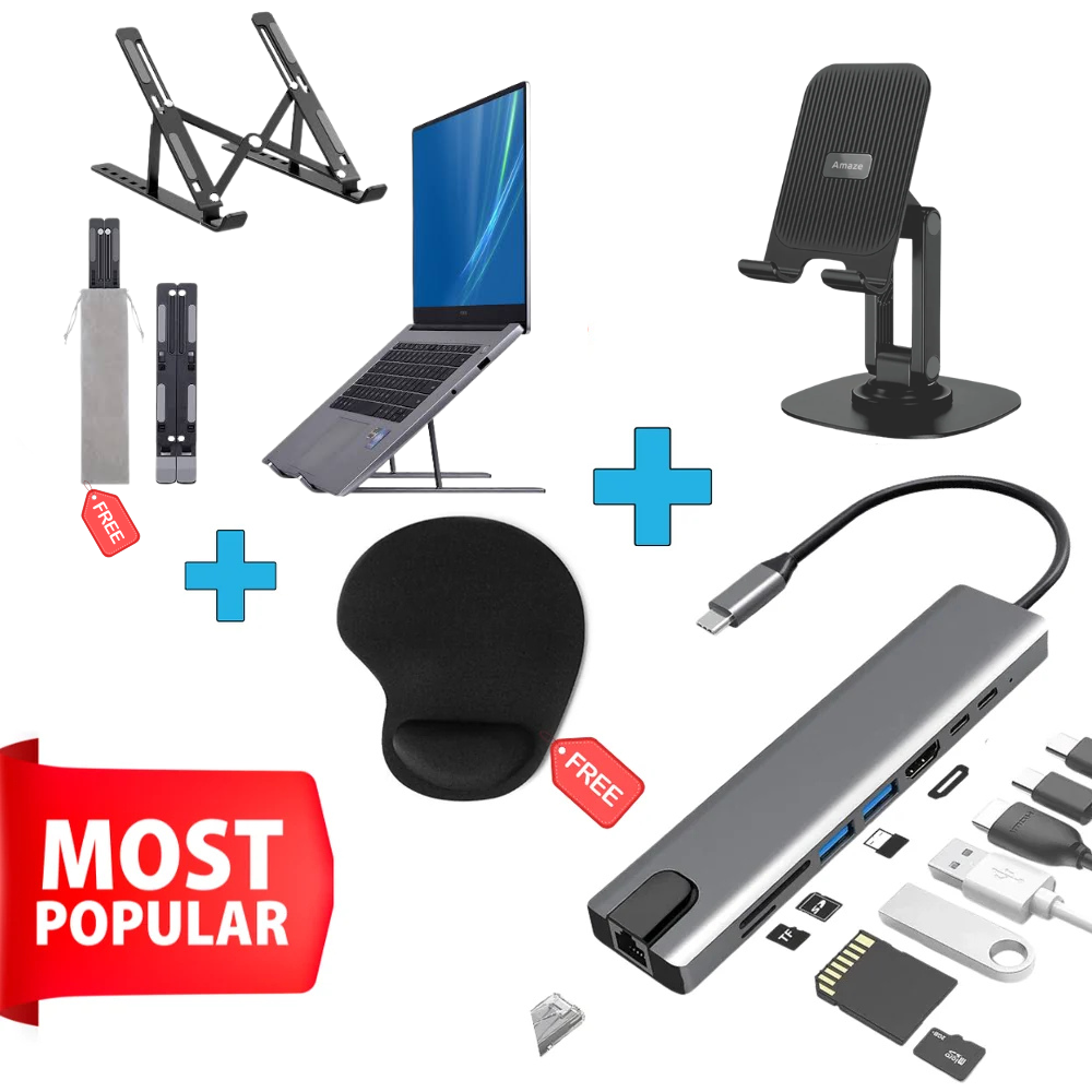 Compro™ Ultimate Workstation Combo | Laptop Stand + Mobile Stand + Type-C Hub + Rest Gel Pad